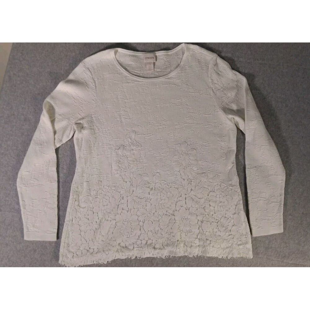 Chico's Sweater Womens Size 1 Long Sleeve Top‎ Lace Overlay Ivory Cream Preppy